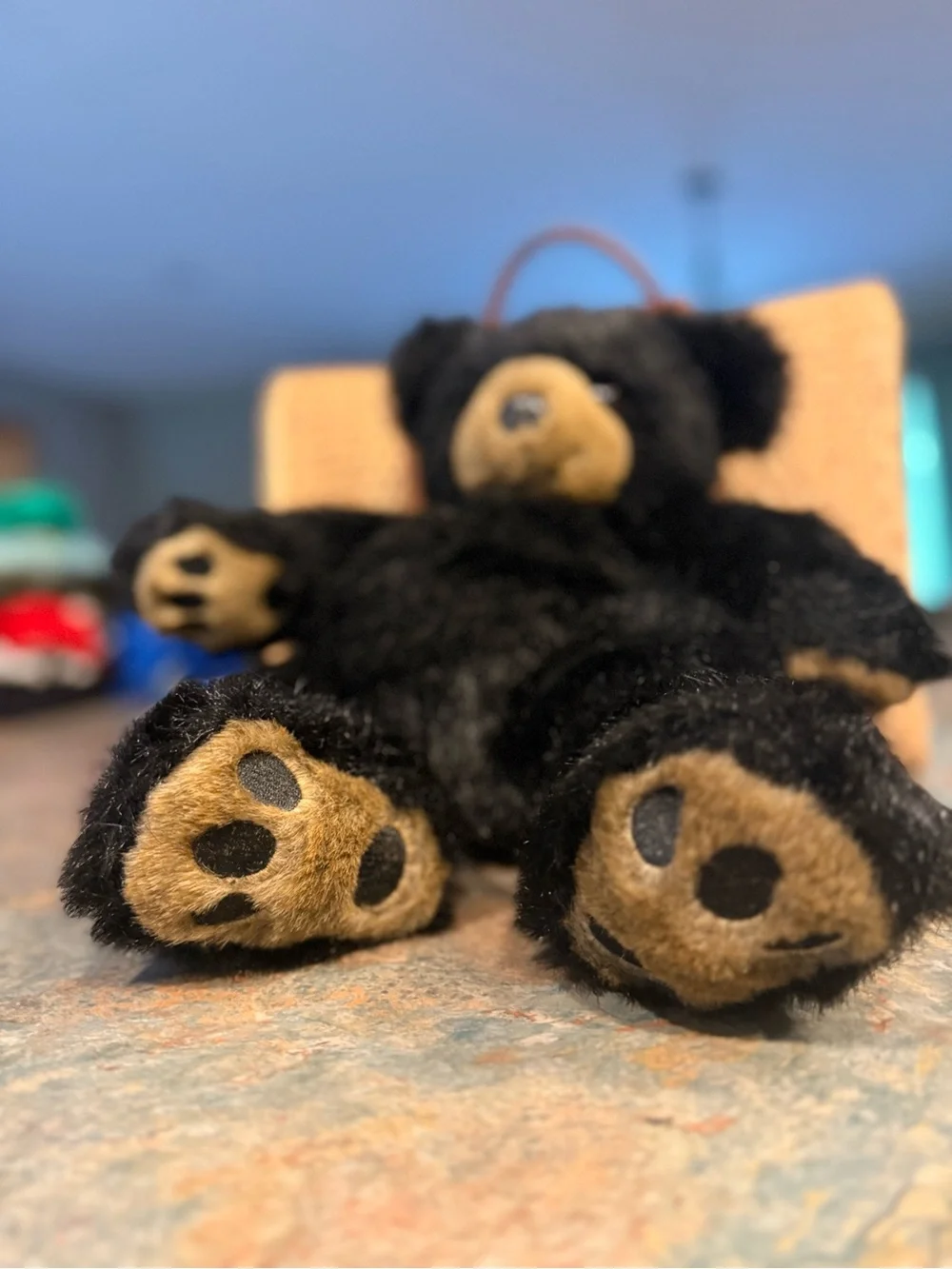 Vintage Plush Black Teddy Bear Plush Backpack with Tan Accents